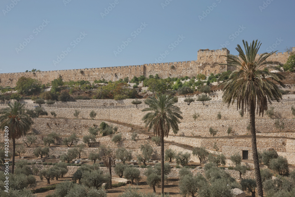 Terraces of the Kidron Valley and the the wall of the Old City in Jerusalem in Israel