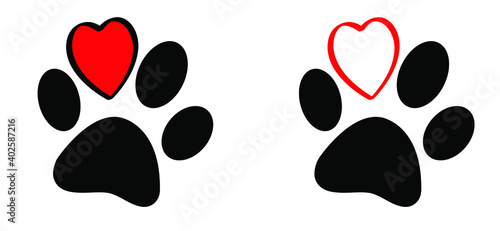 Dog paws with heart print. Dogs paws sign and love heart sumbol. Flat vector ovely cartoon dog signs. Lovers silhouette. Animals day. Dogs footprint. hearts icon.
