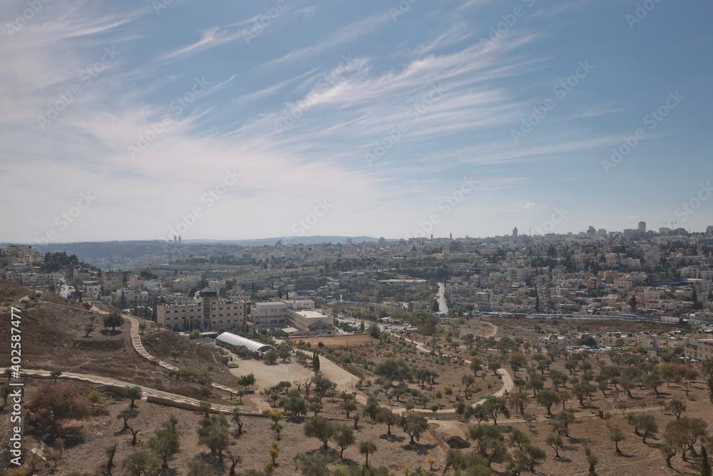 View of Holy city of Jerusalem in Israel from the Mount of Olives