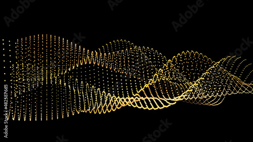 An abstract stream of golden radiance flying in outer space through galaxies and orbits. Star clusters networks.