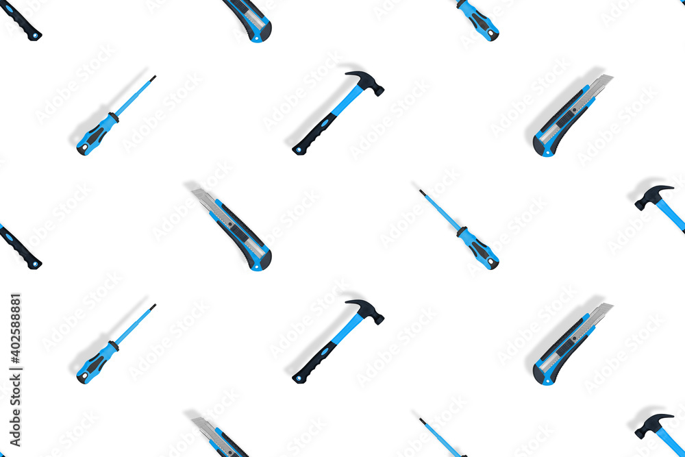 Tools seamless pattern. Tools: hammer, screwdriver and knife on a white background. Tools seamless pattern. Tools: hammer, screwdriver and knife on a white background.