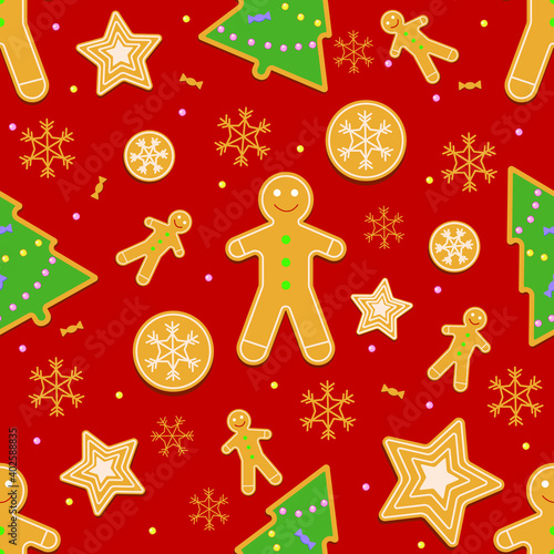 Beautiful appetizing gingerbread pattern. Christmas and new year gingerbread cookies on red background. Gingerbread in the form of a man, a tree and a star.