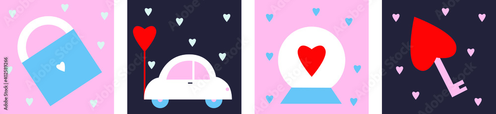 Valentine's Day vector flat cartoon illustration. Couple in love symbols. Car, hearts, key and lock. Cute romance geometric icon illustration.