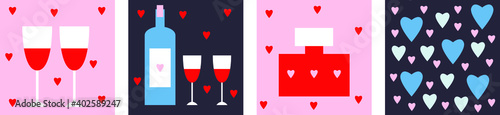 Love. Stickers for social media content. Valentine's Day cartoon vector flat illustration. Heart, romantic evening, alcohol, champagne, drink set. Pop art, comic art, t shirt print, postcard print