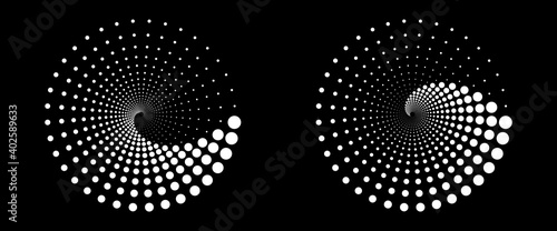 Halftone round as icon or background. White abstract vector circle frame with dots as logo or emblem. Circle isolated on the black background for your design.
