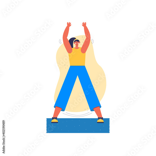 Woman doing physical exercises at home or in the gym. Working out. Exercises for beginners. Everyday fitness vector illustration