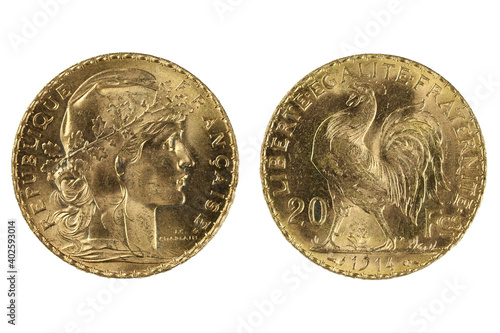 French 20 Francs gold coins isolated on white background