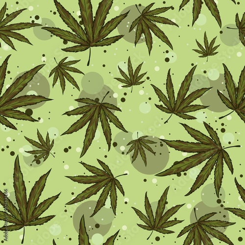 Green seamless pattern with hemp leaves and circles on the background. Repetitive illustration with marijuana herbs for tobacco idustry.
