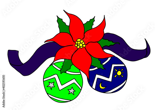 Adorno navideño con esferas, listón y nochebuena