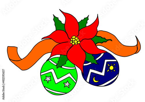 Adorno navideño con esferas, listón y nochebuena