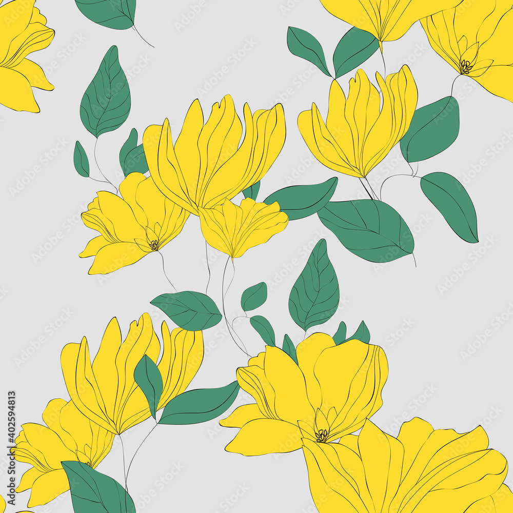 Blossom floral seamless pattern. Blooming botanical motifs scattered random. Hand drawn yellow flowers with leaves on grey background. Color vector texture for fashion, fabric, wallpaper, print. 