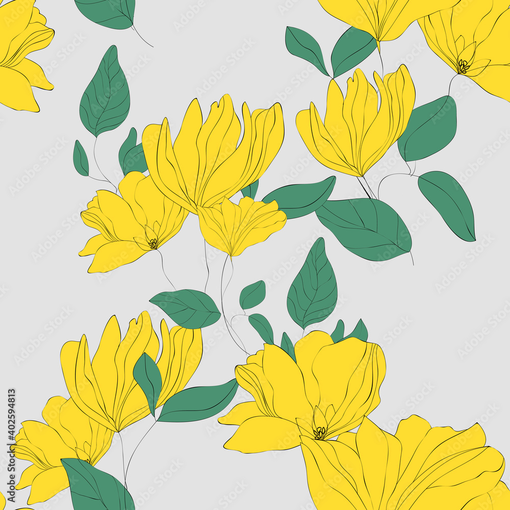 Obraz premium Blossom floral seamless pattern. Blooming botanical motifs scattered random. Hand drawn yellow flowers with leaves on grey background. Color vector texture for fashion, fabric, wallpaper, print. 