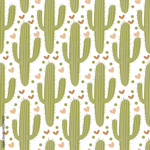 Vector seamless pattern with cute cactus. Bright repeated texture with green cacti. Natural hand drawing background with desert plants. Ideal for posters, children room decoration, etc
