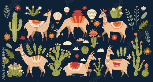 Lama set in cartoon style isolated on dark background. Adorable alpaca and cactus elements. Collection of kids scrapbooking elements. Llama and cacti. Ideal for posters, children room decoration, etc