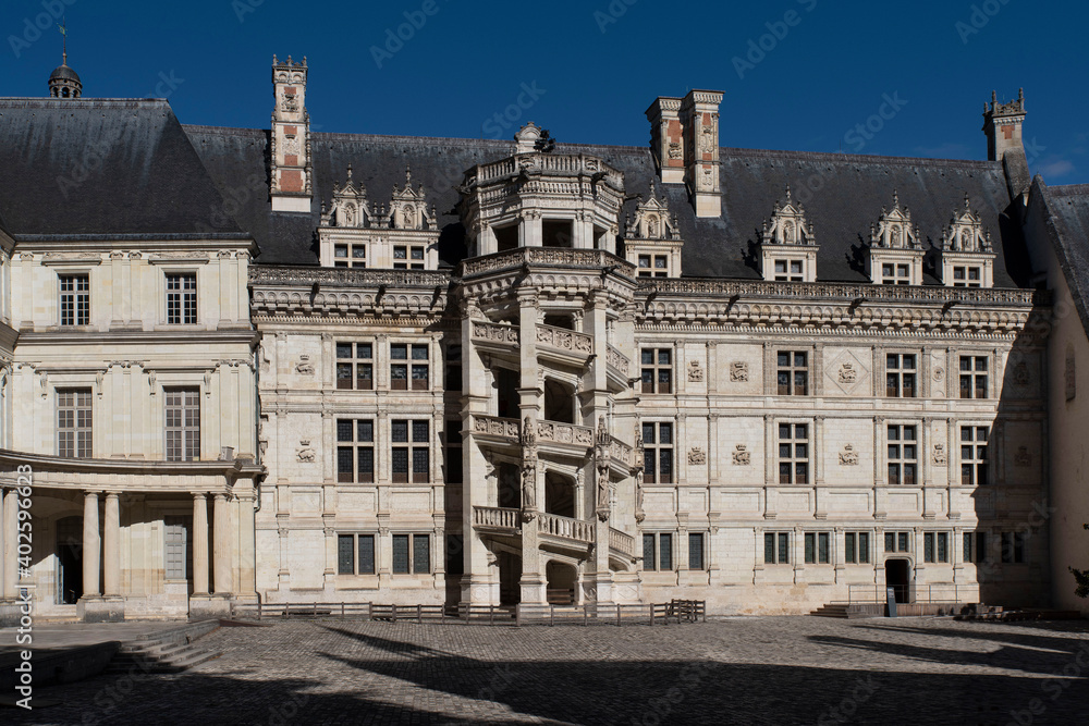 Façade of Blois Castle on the banks of the Loire in France
