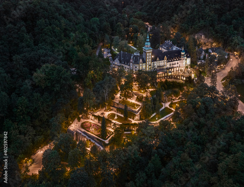 Foto Lillafured, Hungary - Aerial view of the famous illuminated Lillafured Castle an