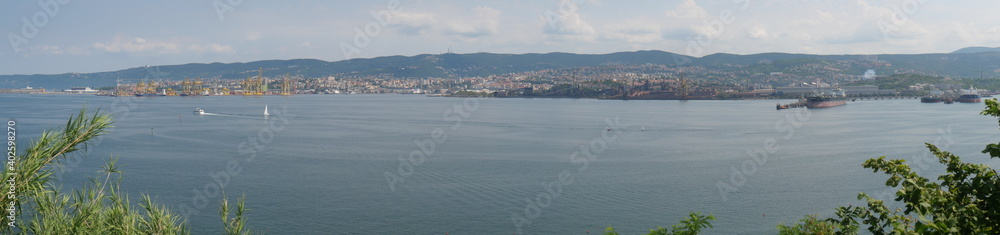 Panorama of Trieste : Trieste skyline and Trieste industrial port with the sea in front and the hills in the background