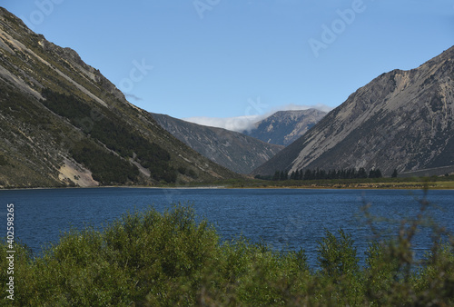 Fototapeta Naklejka Na Ścianę i Meble -  New Zealand- Full Frame Landscape of a Lake in the Southern Alps