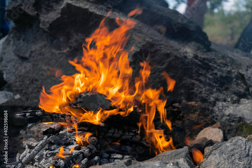 Close-up view of the fire, burning wood and empty grill