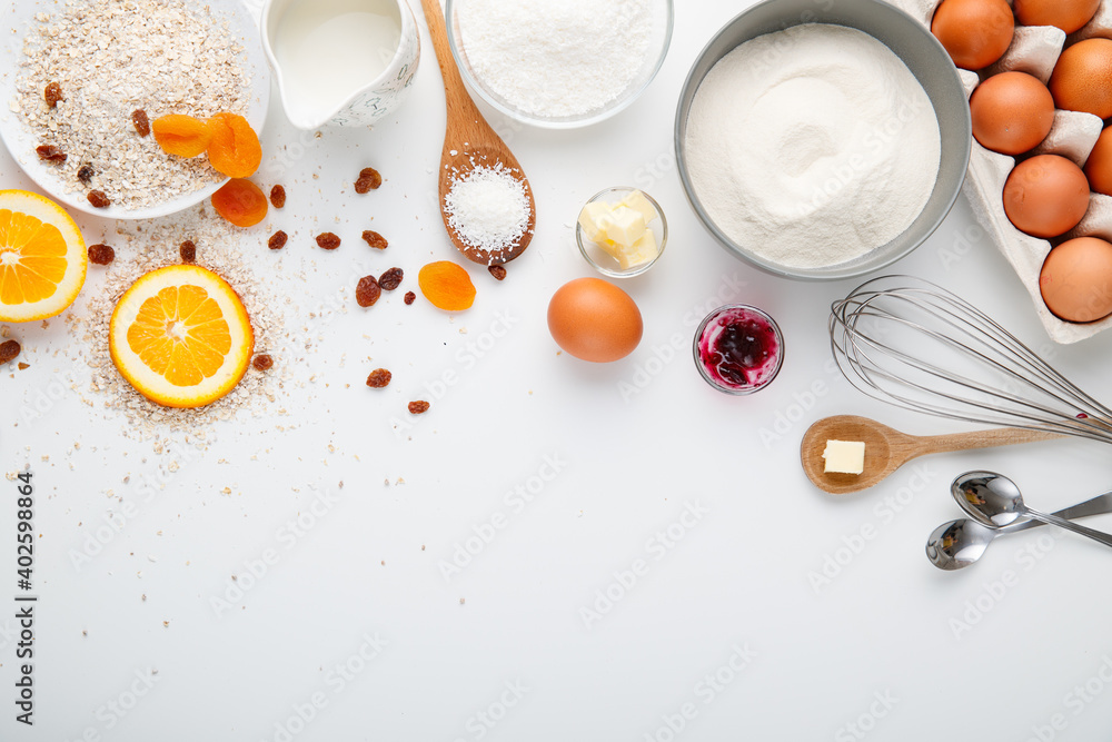 Food styling with ingredients: powder, egg, orange, salt, sugar Food styling with ingredients: powder, egg, orange, salt, sugar