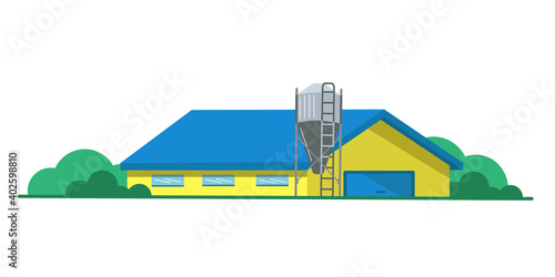 Farmhouse with feed silo. Cattle farm or pig farm, poultry farm. Flat color illustration. Vector graphics. Suitable for the design of articles on agriculture, banners and other promotional items