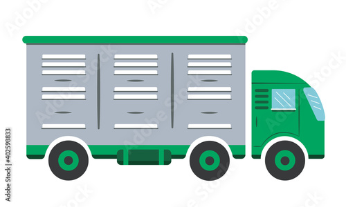Truck for transporting livestock, chicken or pigs. Color illustration in green and gray. Flat vector image.
