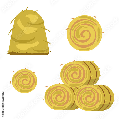 A set of illustrations of haystacks and rolls of hay. Color illustration, vector image. Suitable for the design of articles with an agro-industrial theme and infographics