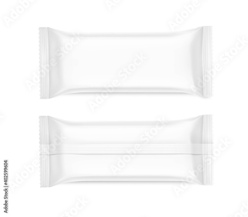 Set of hight realistic flow packaging mockups. Front and rear side. Vector illustration isolated on white background. Can be use for your design, promo, adv and etc.