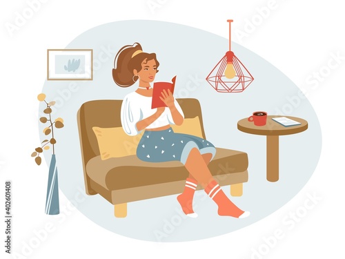 Woman sitting on couch reading book. Home office. Remote worker, flexible schedule concept. Vector flat illustration.