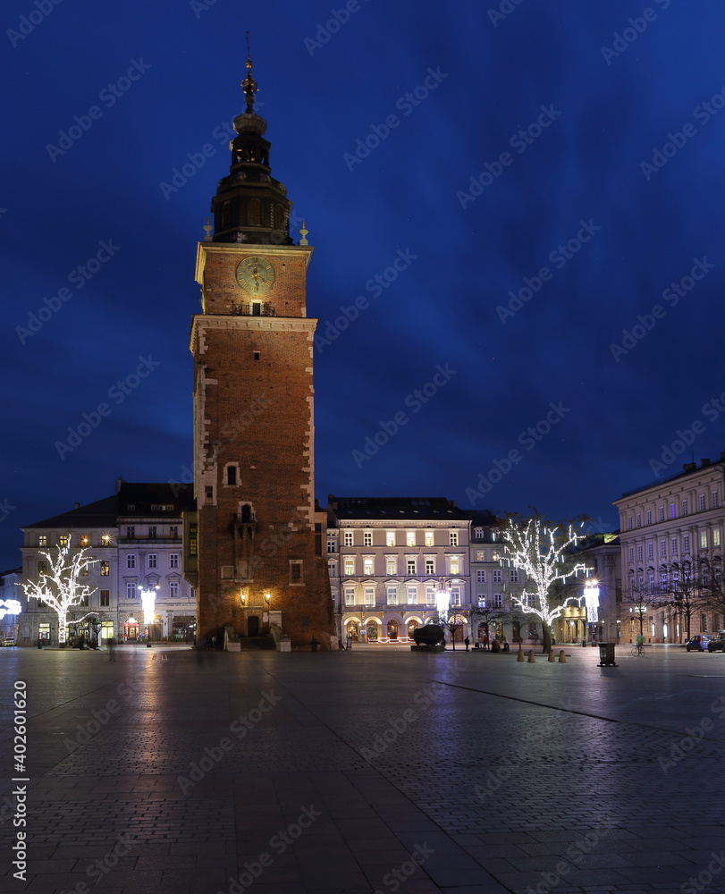 Historical city hall / town hall tower on Main Market Square in Krakow at night Historical city hall / town hall tower on Main Market Square in Krakow at night