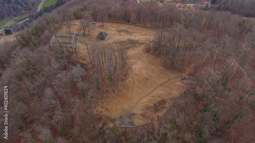 Aerial drone view of Rifnik arheological site, with visible outlines of ruins in the early centuries, close to Sentjur at Celje. photo