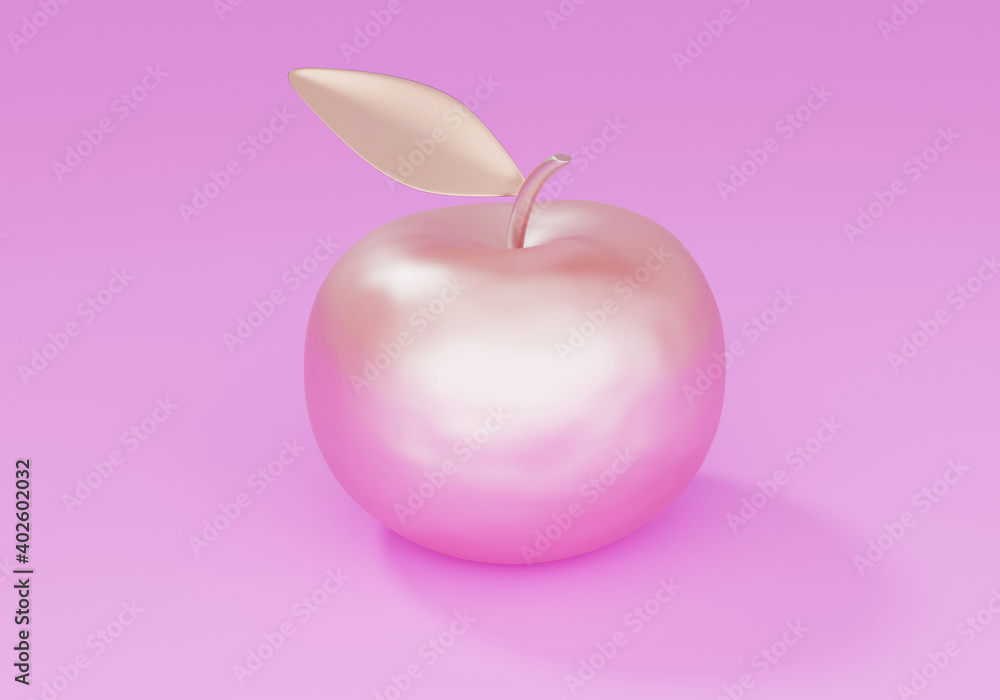 Naklejka Piękne różowe złoto jabłko na różowym tle, metaliczne niezwykłe jabłko, kunszt jubilerski, renderowanie 3d