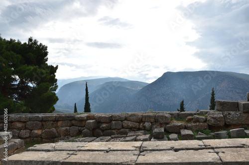 View of the main monuments of Greece. Ruins of ancient Delphi. Oracle of Delphi. Mount Parnassus
 photo