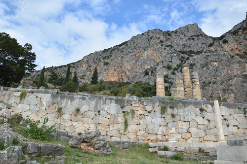 View of the main monuments of Greece. Ruins of ancient Delphi. Oracle of Delphi. Mount Parnassus 