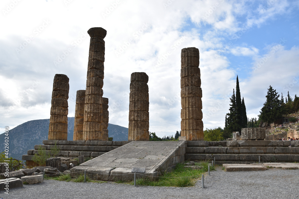 View of the main monuments of Greece. Ruins of ancient Delphi. Oracle of Delphi. Mount Parnassus
