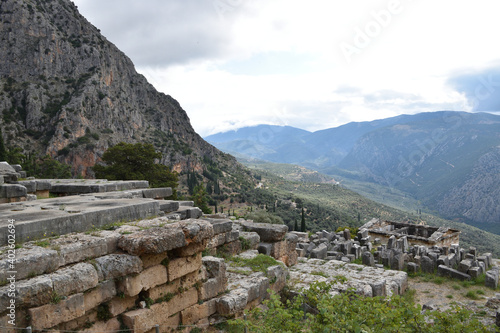 View of the main monuments of Greece. Ruins of ancient Delphi. Oracle of Delphi. Mount Parnassus
