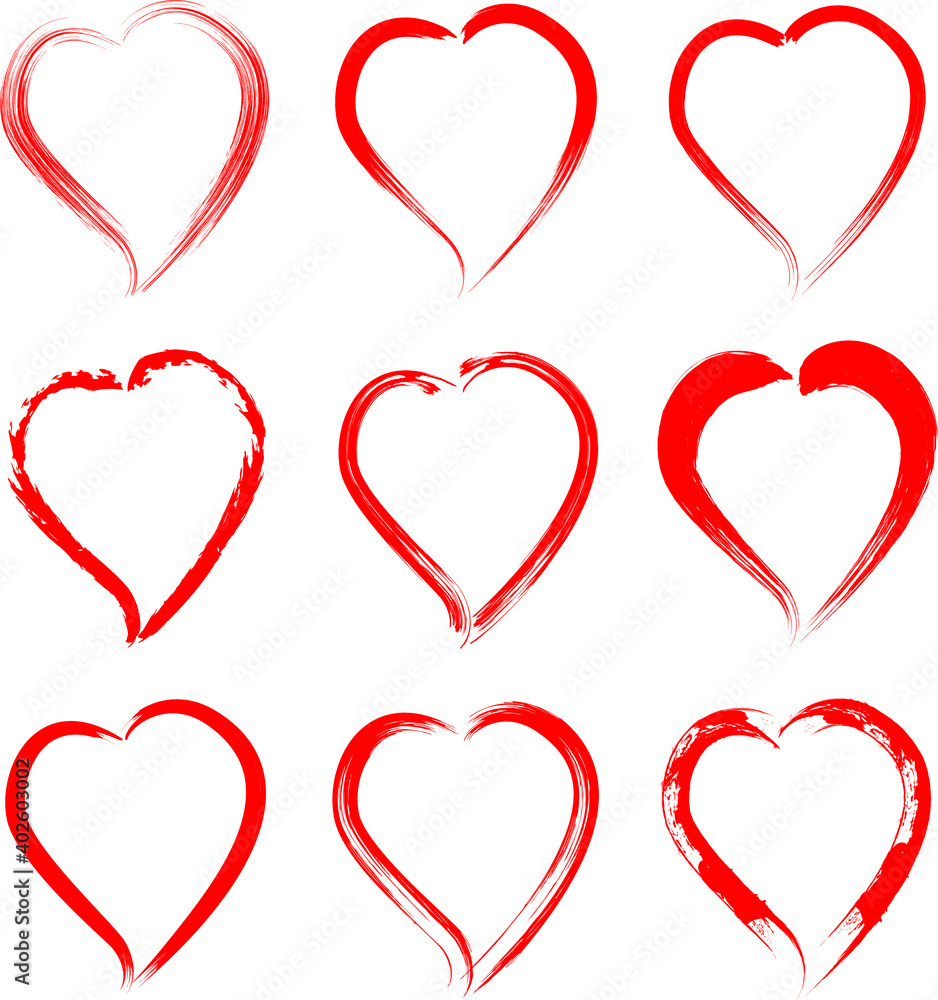 Set of red grunge hearts. Vector illustration. Valentines day. Design element for invitation, gift, greetings card, tattoo, web pages, prints, posters, monochrome pattern and abstract background