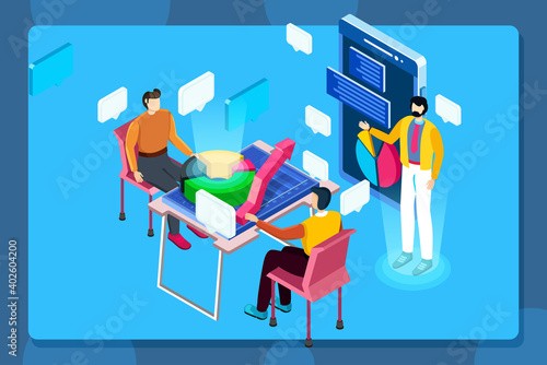 Sales Lead boardroom brainstorm flat 3d isometric office. People discuss project in executive meeting. Public Worldwide Event Conference.