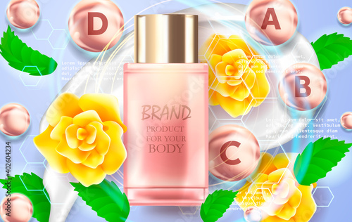 Hydrating toner contained in a bottle, with yellow flowers, blue background 3d illustration