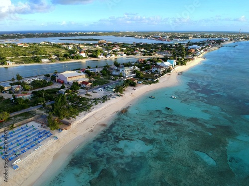 Aerial view of the resorts along the shore with private white beaches near Grand Turk, Turks & Caicos