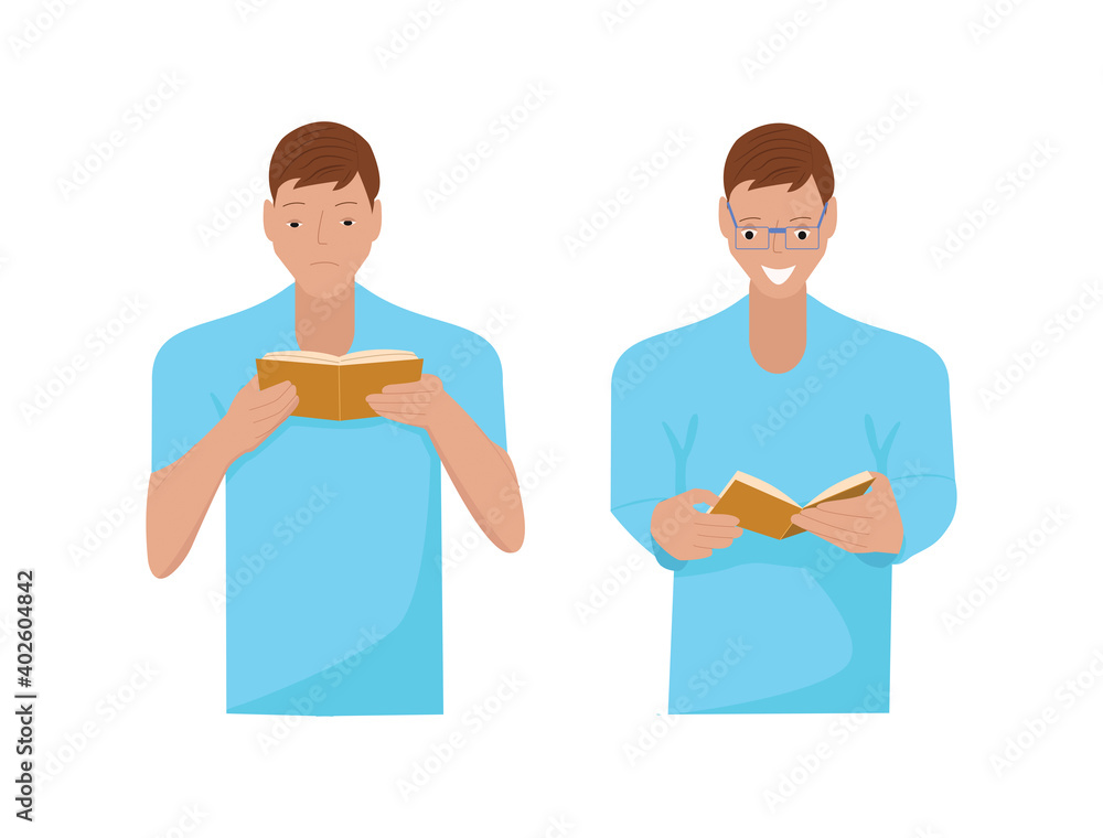 A man reads a book, he has myopia, poor eyesight, a person sees well up close, and in the distance in glasses, vector illustration in a flat style A man reads a book, he has myopia, poor eyesight, a person sees well up close, and in the distance in glasses, vector illustration in a flat style