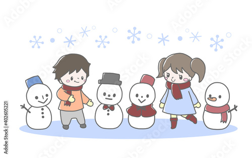 かわいい子ども達と並んだ雪だるまの冬手描き風イラスト