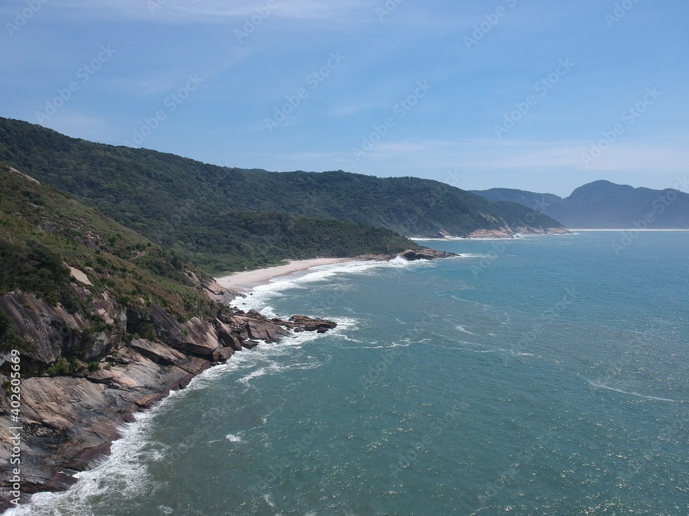 Aerial view of Praia do Perigoso and Pedra da Tartaruga, Rio de Janeiro. Sunny day, Drone photo.