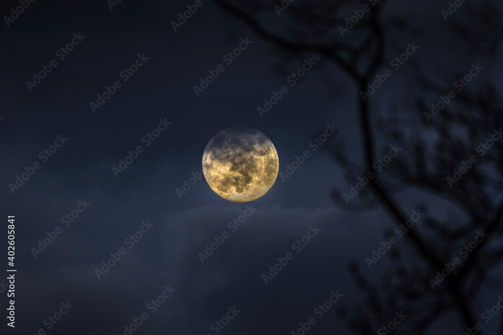 Full Moon December 2020, the last full moon of the decade, rising over mountain at dusk Full Moon December 2020, the last full moon of the decade, rising over mountain at dusk