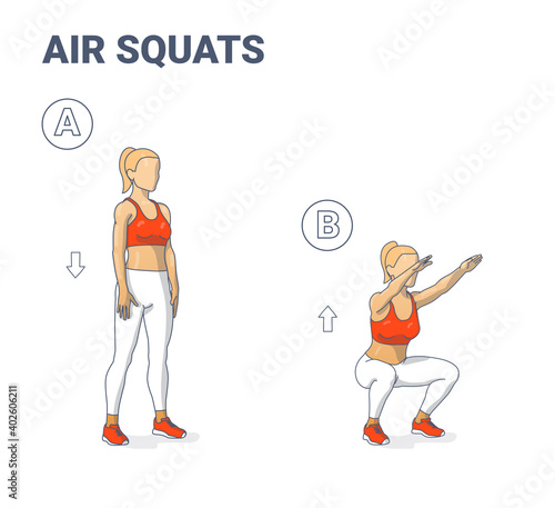 Girl doing Air Squats Exercise Home Workout Guidance.