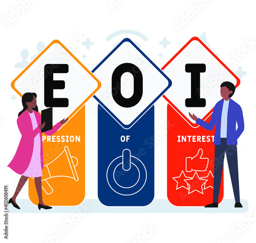 Flat design with people. EOI - Expression of Interest acronym, business concept background.   Vector illustration for website banner, marketing materials, business presentation, online advertising.