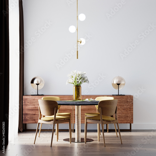 Fotografie, Obraz Interior Dining Room Wallpaper Mockup