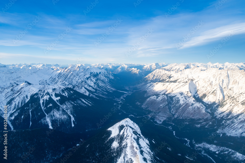 Naklejka premium Aerial view of the Canadian rockies mountains in the Banff national park, Canada