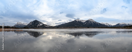 Beautiful view of Vermilion lakes in wintertime, in the Banff national park, Canada