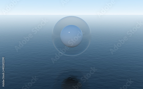 Water sphere over the calm ocean  fantastic scene  3d rendering.